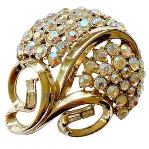 Vintage Signed Coro Brooch Mid Century AB Rhinestone Swirl Gold Tone 1950s